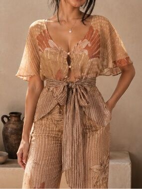 Foley + Corinna 100% Silk Blouse, Sheer Gold w/Sequin Floral Metallic Fairy